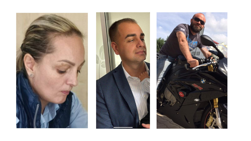 Colaj cu trei persoane: Andor Teodora (stânga) privind în jos, îmbrăcată într-o vestă albastră; în centru, judecătorul Timiș Ioan privind lateral, ținând în brațe un copil; în dreapta, Tuduce Alin zâmbind pe o motocicletă BMW, purtând ochelari de soare și tricou gri.